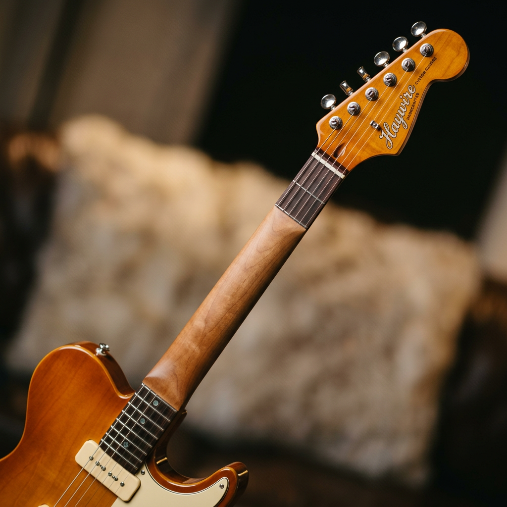 A beautiful custom electric guitar with a professional shaved neck and amber finish