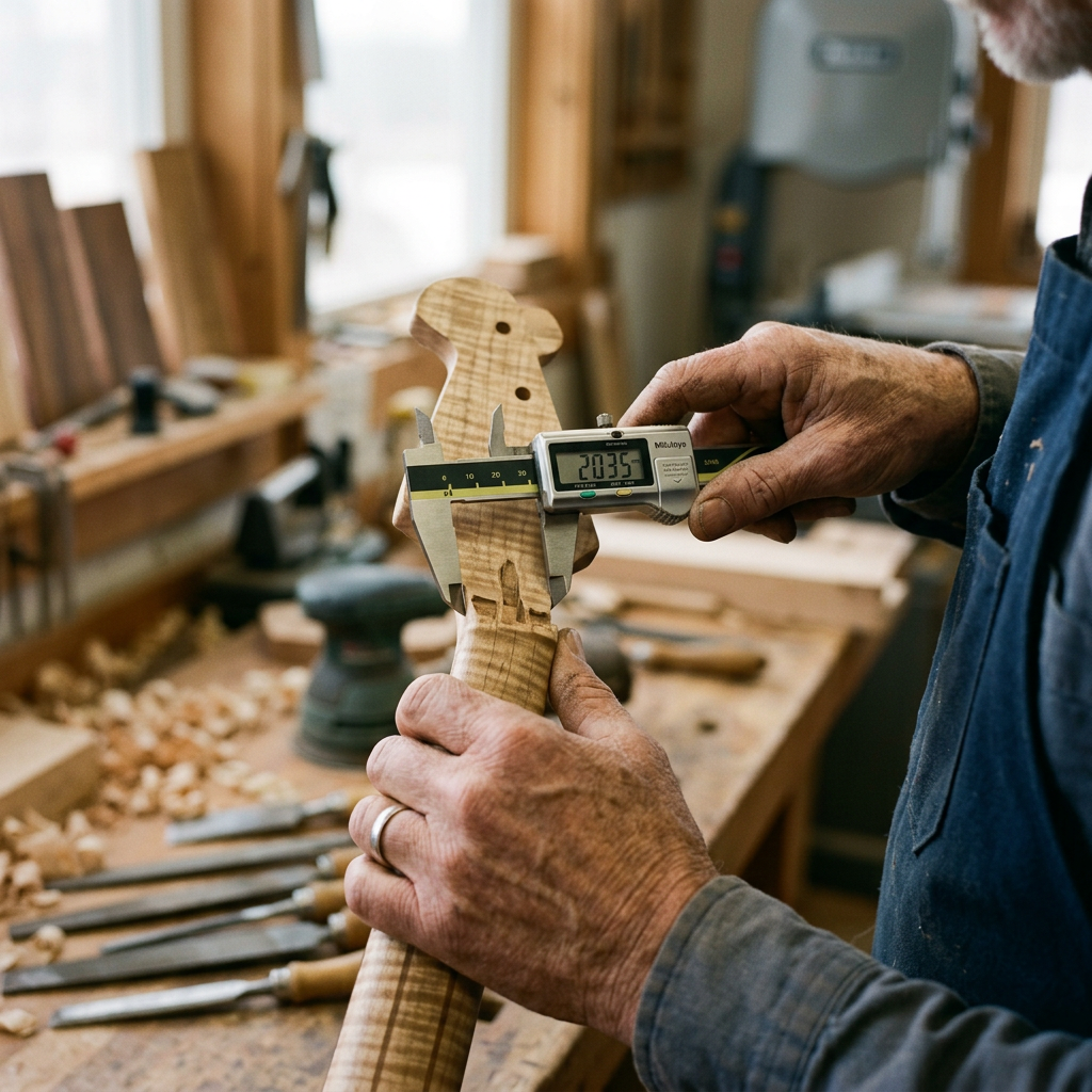 Luthier using a digital caliper to measure a guitar neck with high precision