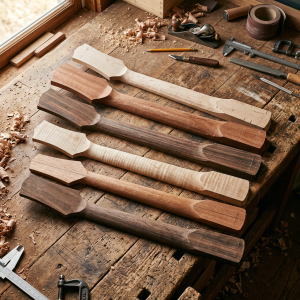 Selection of unfinished guitar neck blanks showing different profiles on a workbench