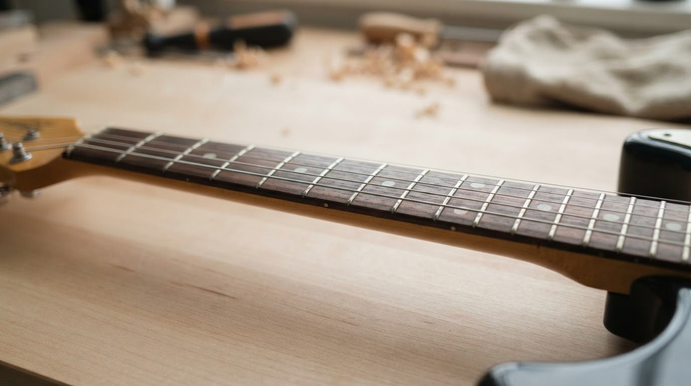 Guitar action height close-up showing strings above the fretboard