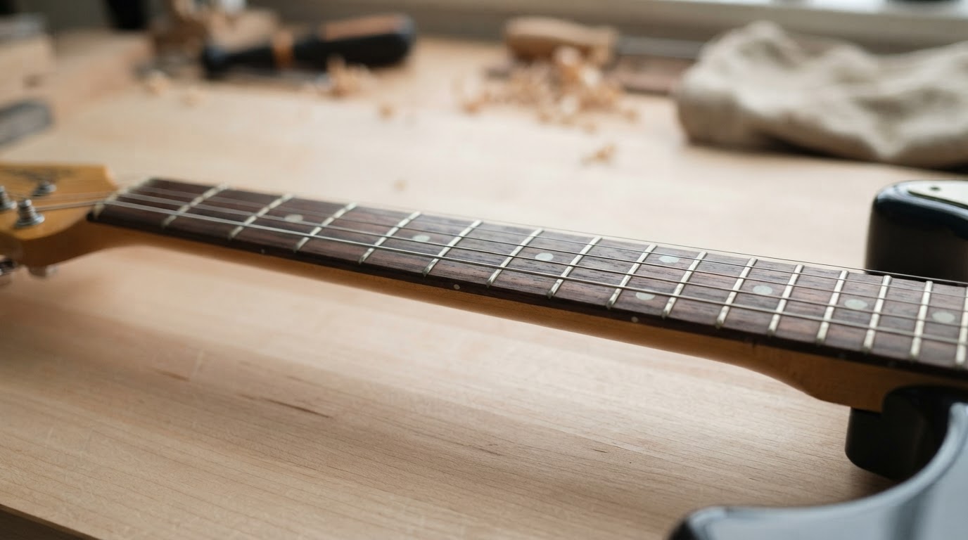 Electric guitar fretboard close-up for lowering or raising string action